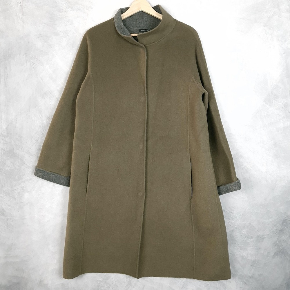 Eileen Fisher Coat Womens M Green Wool Snap Front Collared Mid Length Overcoat - Picture 2 of 16